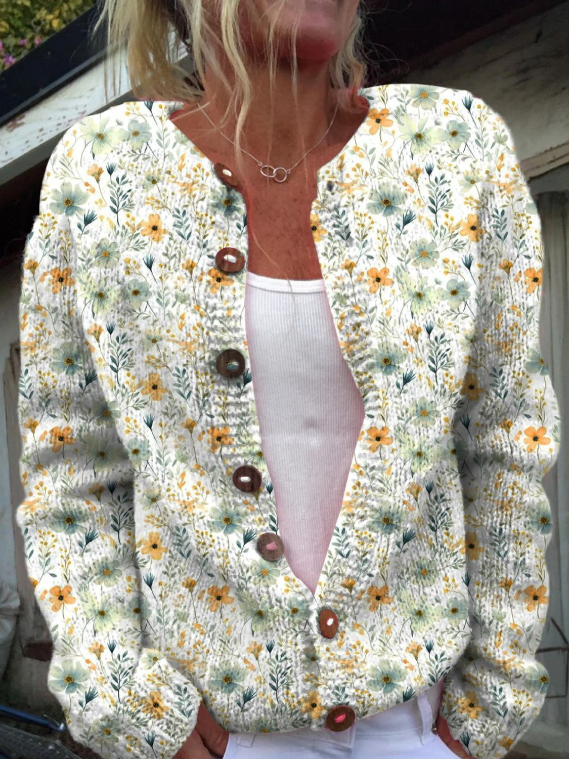 Aquarel Franse Roos Herhalend Patroon Bedrukte Button-Cardigan-Trui
