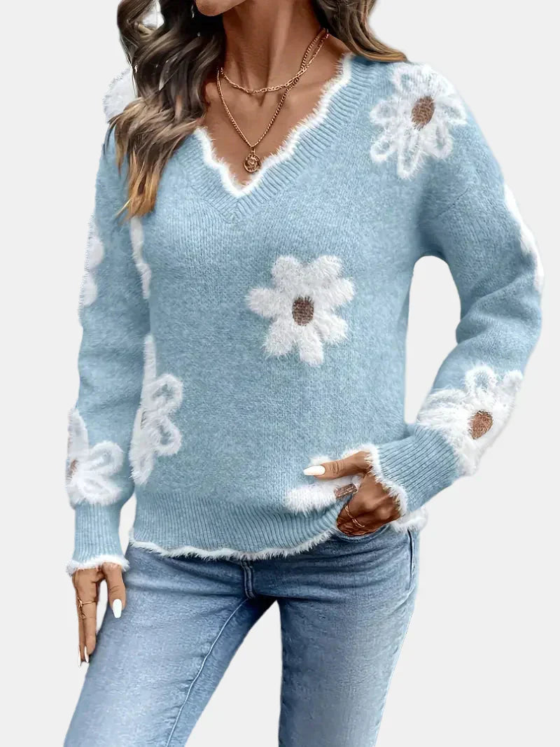 Elara™ | V-Ausschnitt Pullover mit Blumenmuster