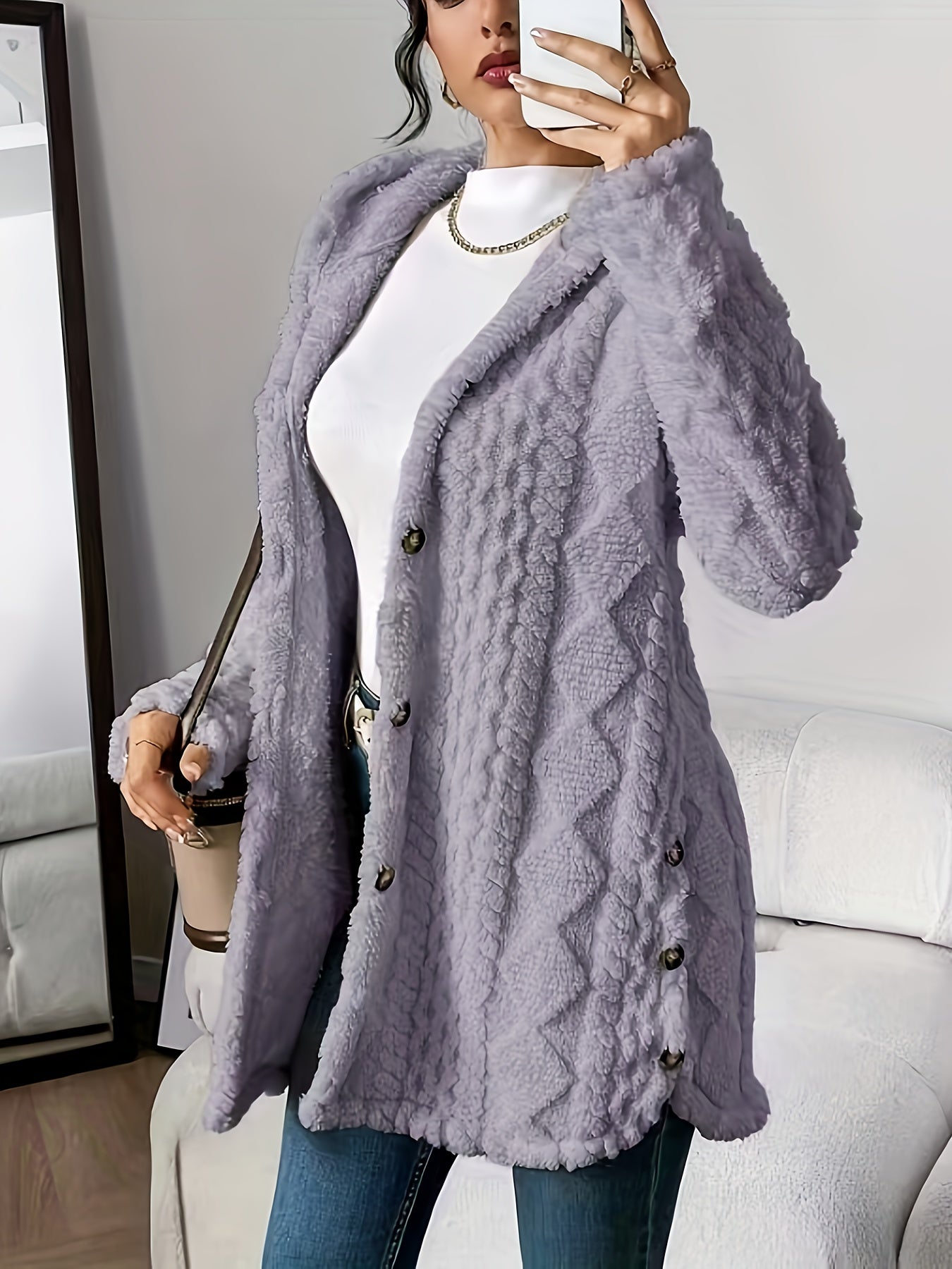 Paula™ - Flauschige Kapuzenstrickjacke mit Diamantmuster