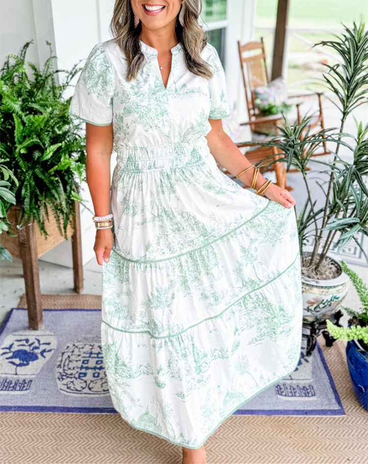 Alexia™ – Vintage Toile Print Maxi Jurk voor Moeiteloze Elegantie
