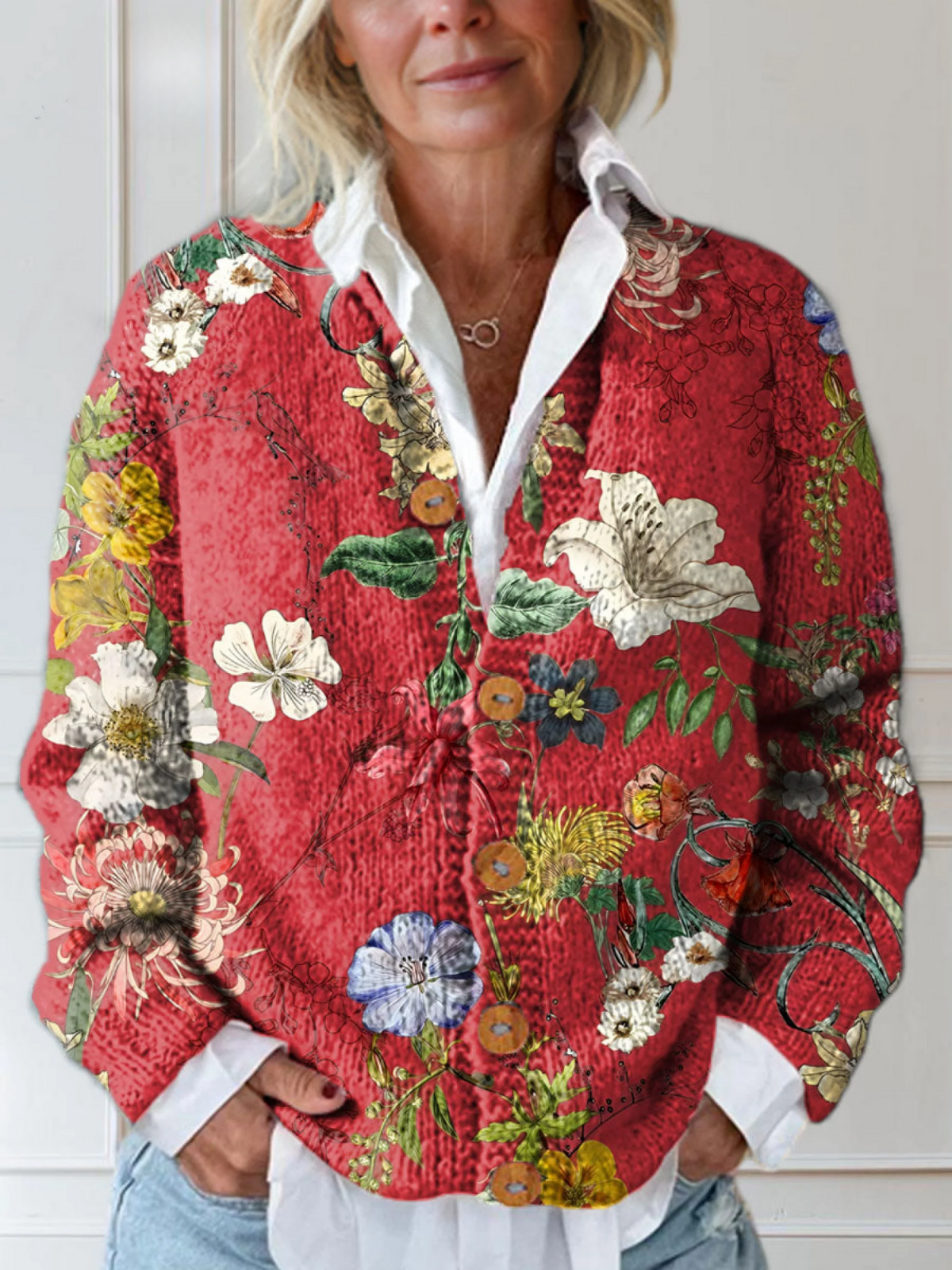 Dames Vintage Bloemmotief Print Cardigan met Knoopsluiting