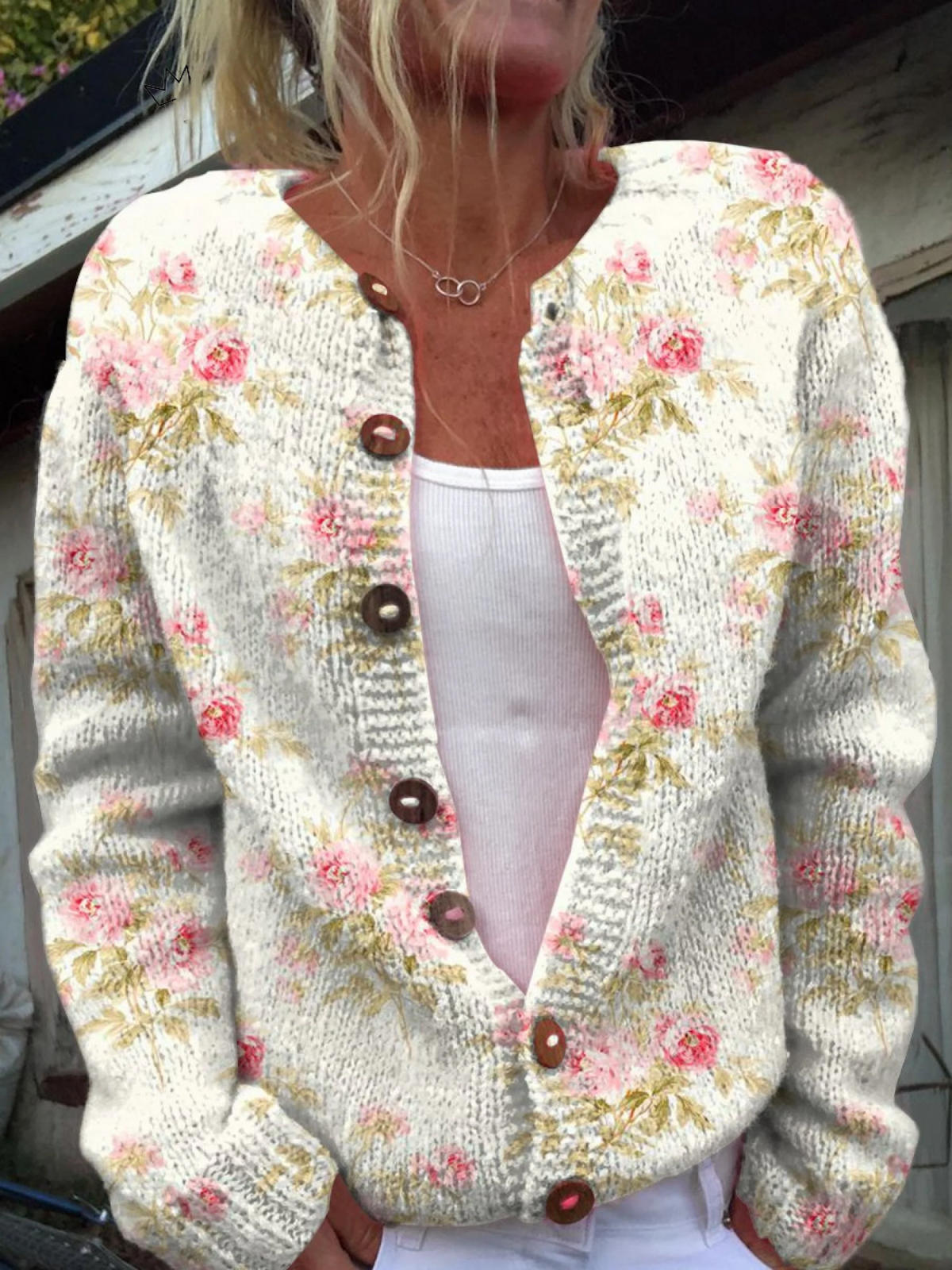 Frisse roze bloemen- en groene bladerenprint cardigan met knoopsluiting