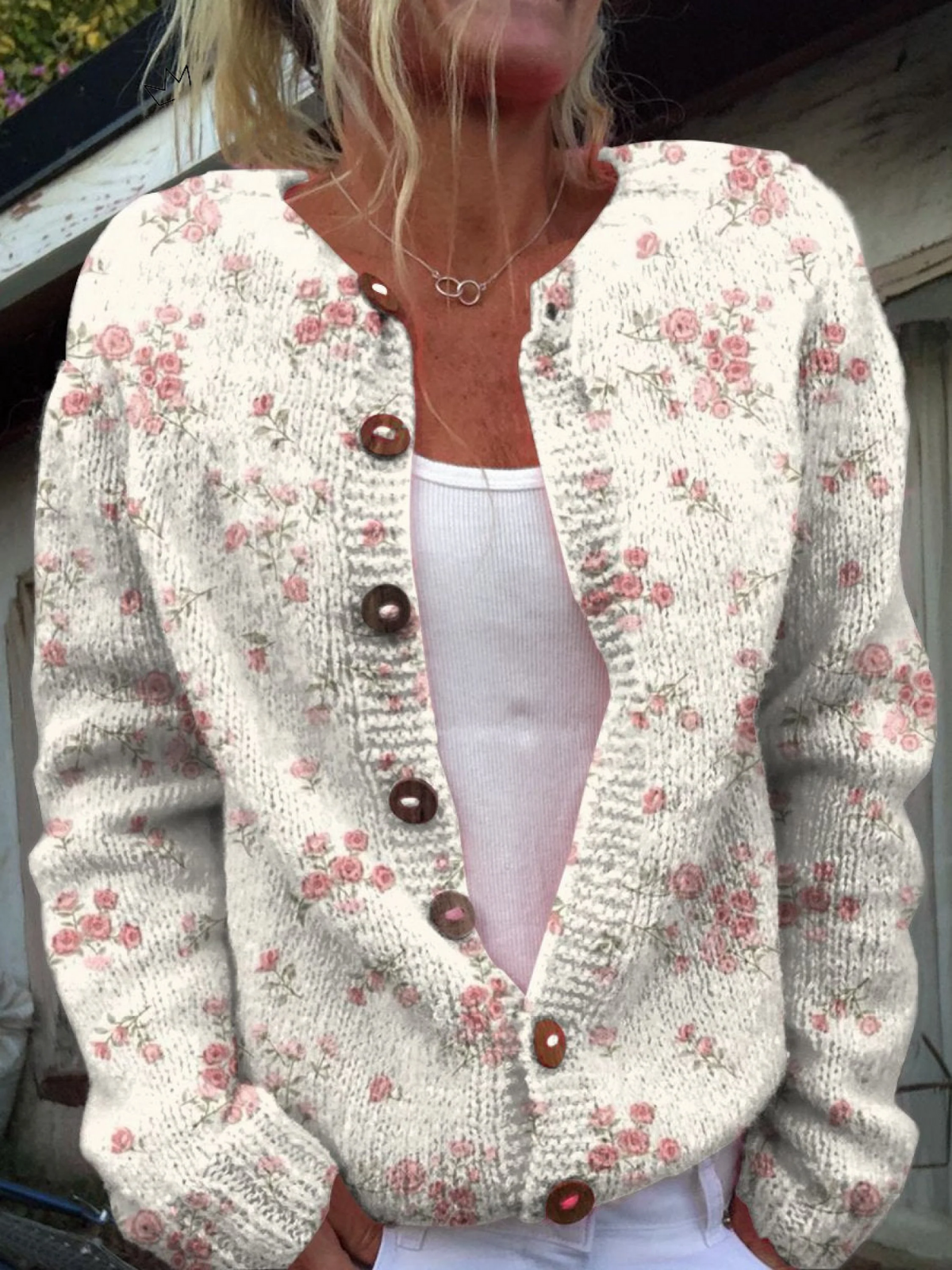 Rosa Rosenblüten Druck Knopf-Cardigan Pullover