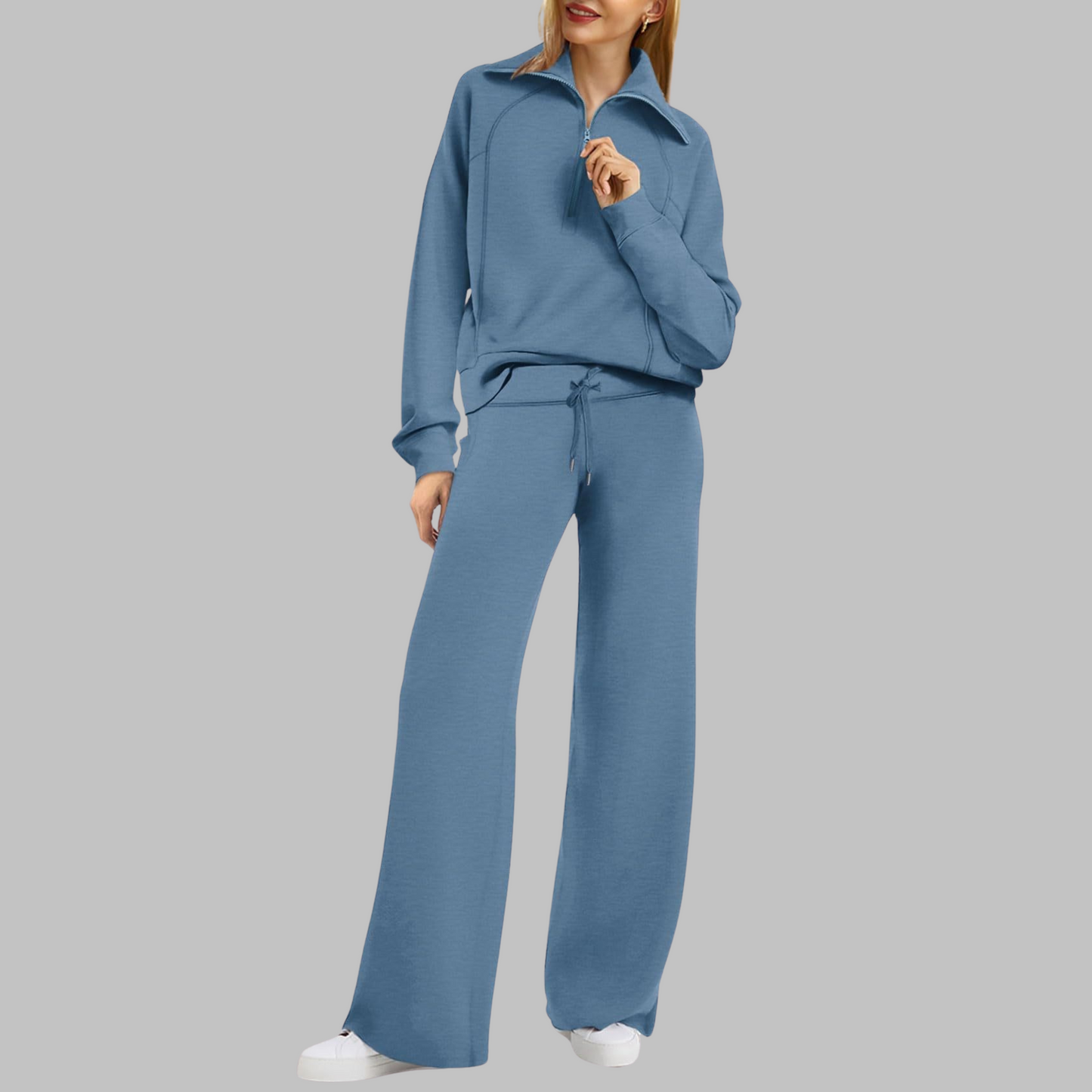 Fleur - Comfortabele halve ritssluiting sweatshirt en wijde broek set