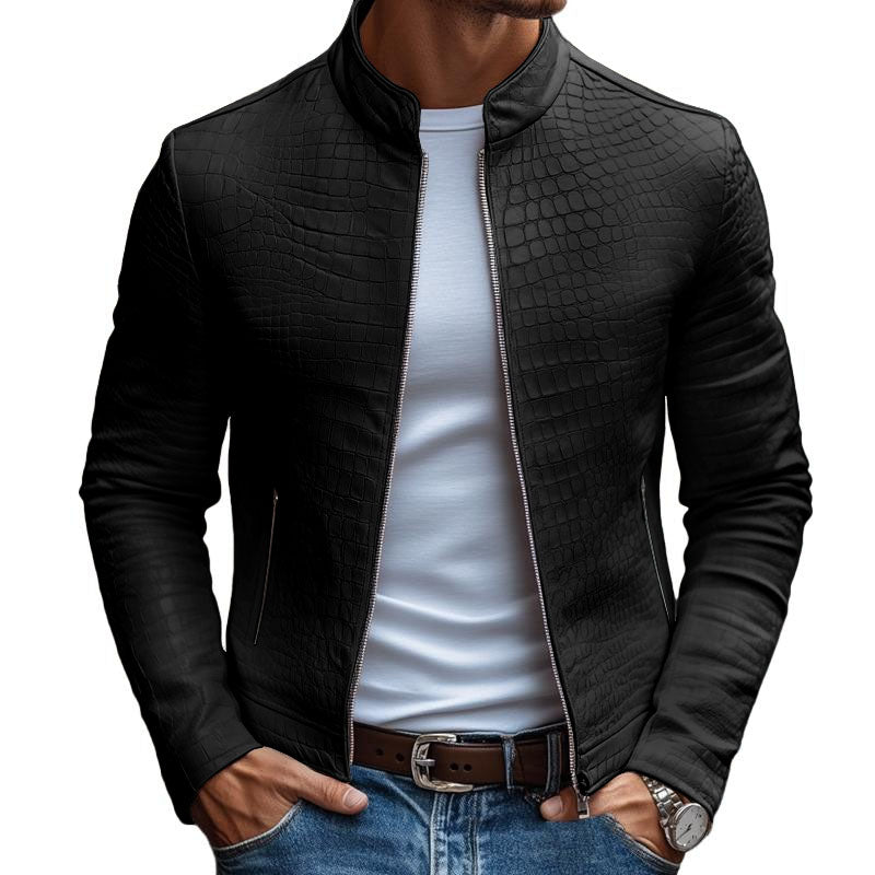 Heren leren jas met steenpatroon, opstaande kraag, ritssluiting en slimfit-pasvorm