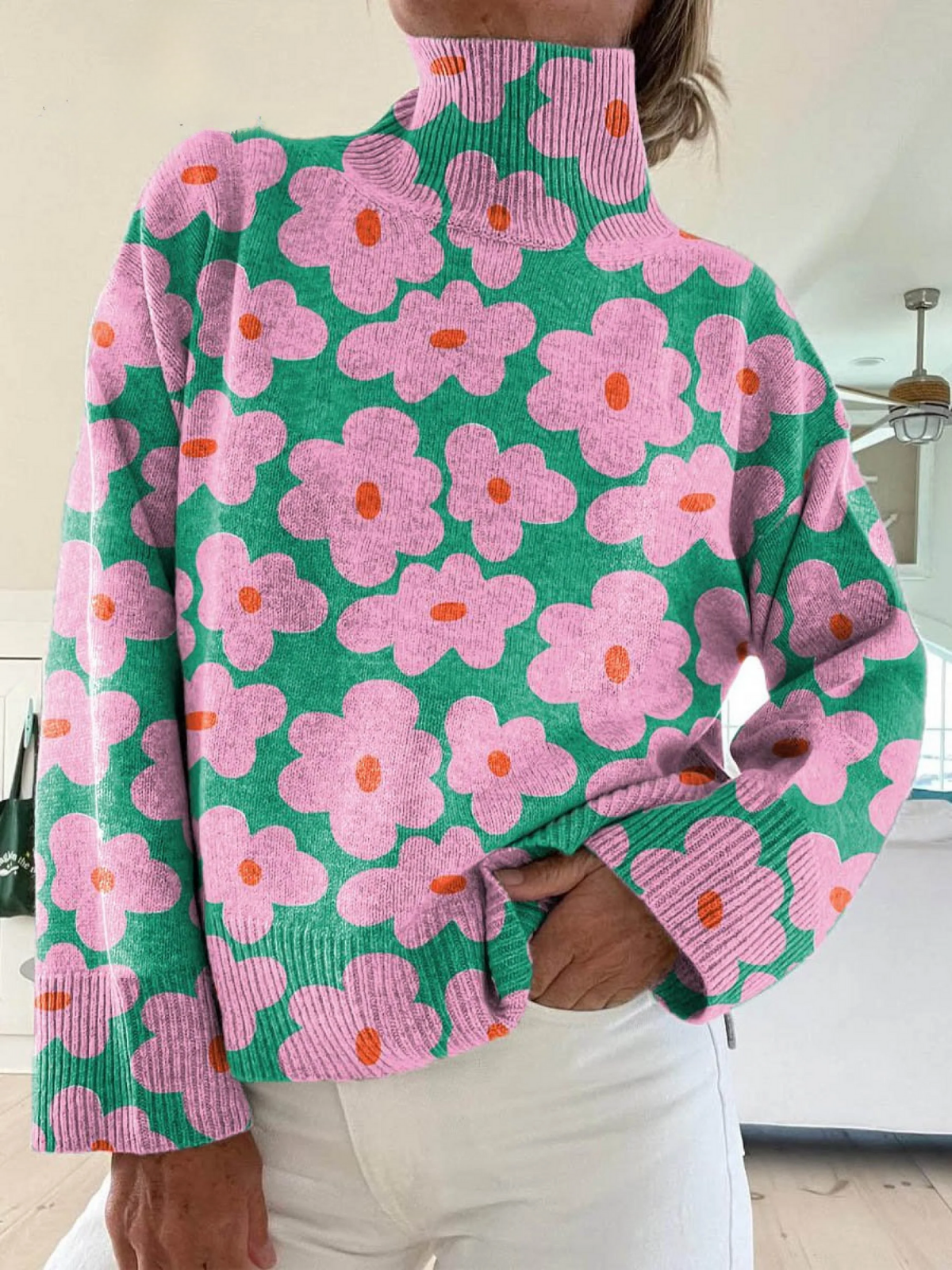 Damen Lovely Floral Art Print Strick-Turtleneck Pullover