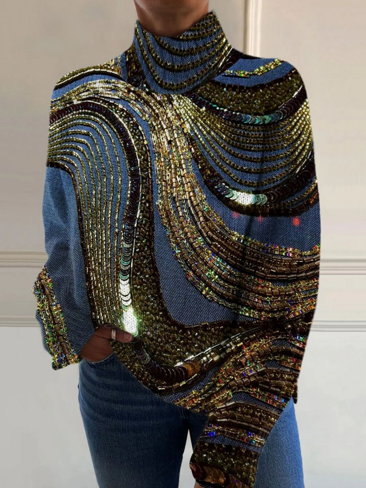 Luxuriöser Fließender Perlenkunst-Druck Strick-Turtleneck Pullover