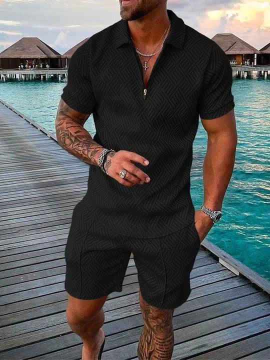 LEON | POLOSHIRT- & SHORTS-SET IN MIDDERNACHT ZWART