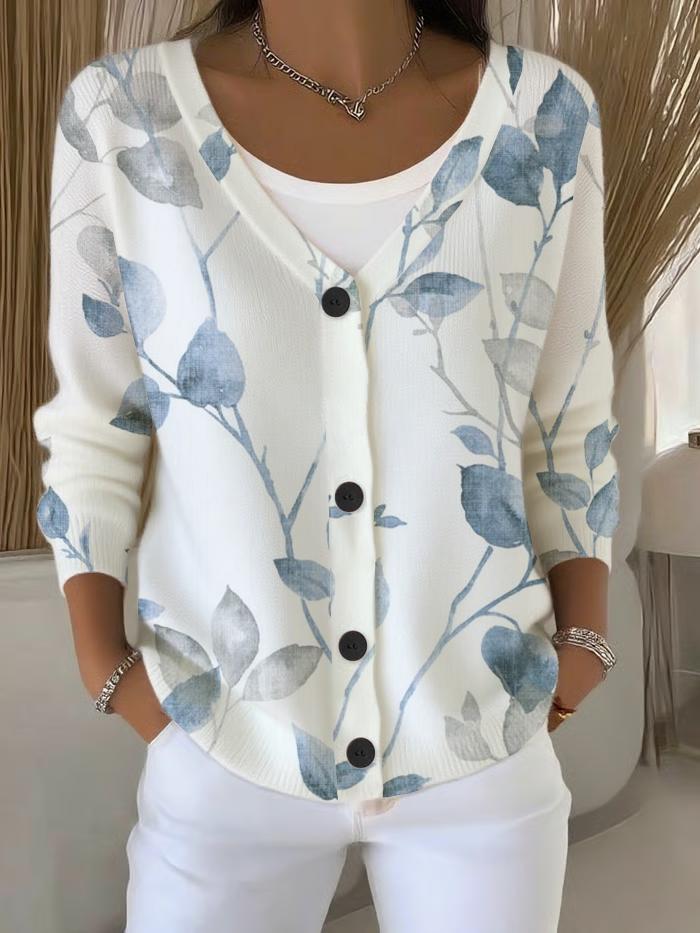 Dreamy V-Ausschnitt Langarm-Pullover mit Pflanzenmuster
