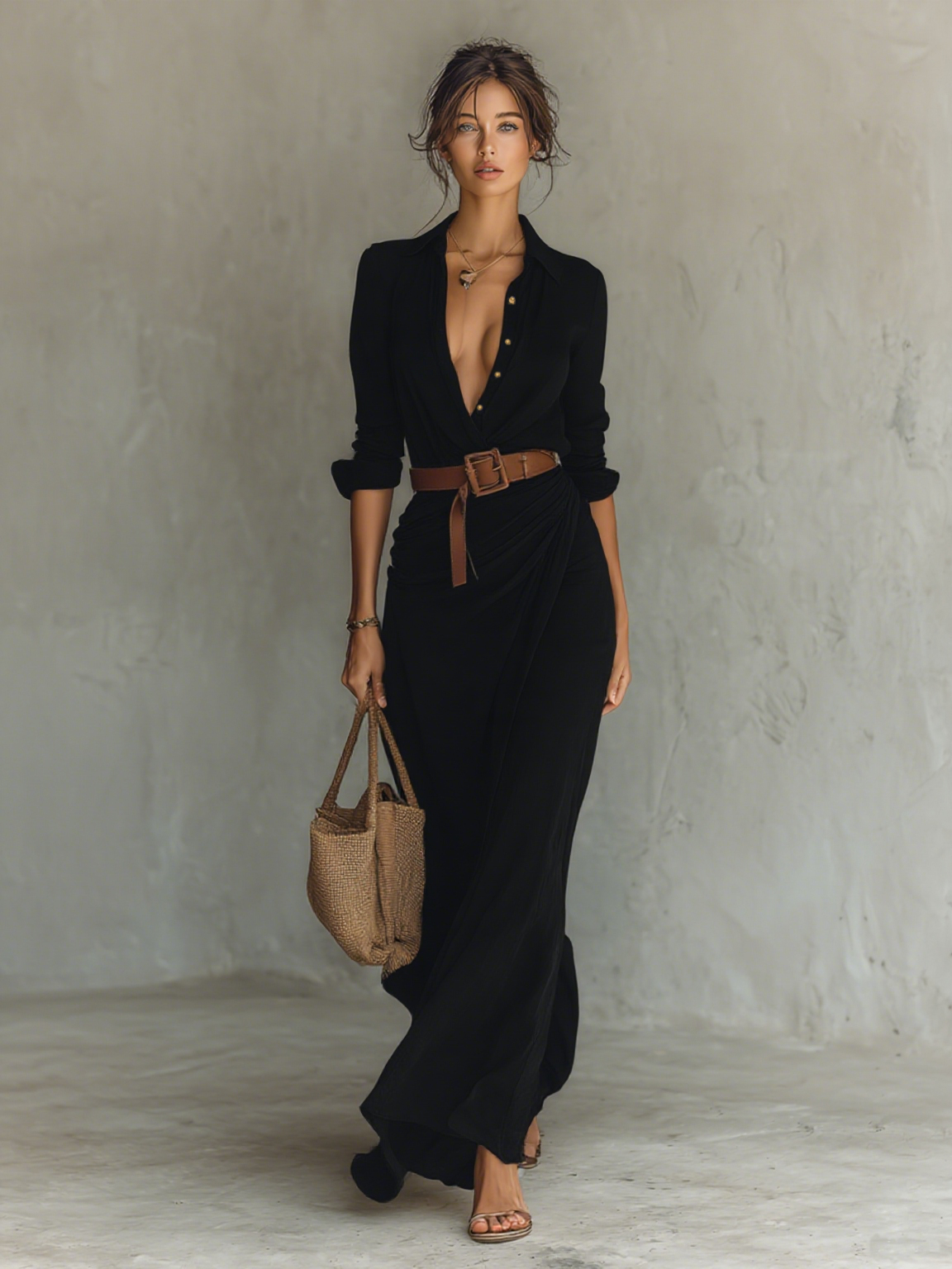 Caliane Maxi Dress™ – Elegantes Maxikleid mit Gürtel- und Kragendesign