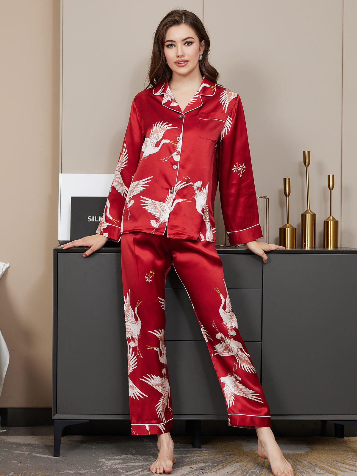 19-Momme Reine Seide – Klassischer Print mit kontrastierendem Paspel, Damen-Pyjama-Set