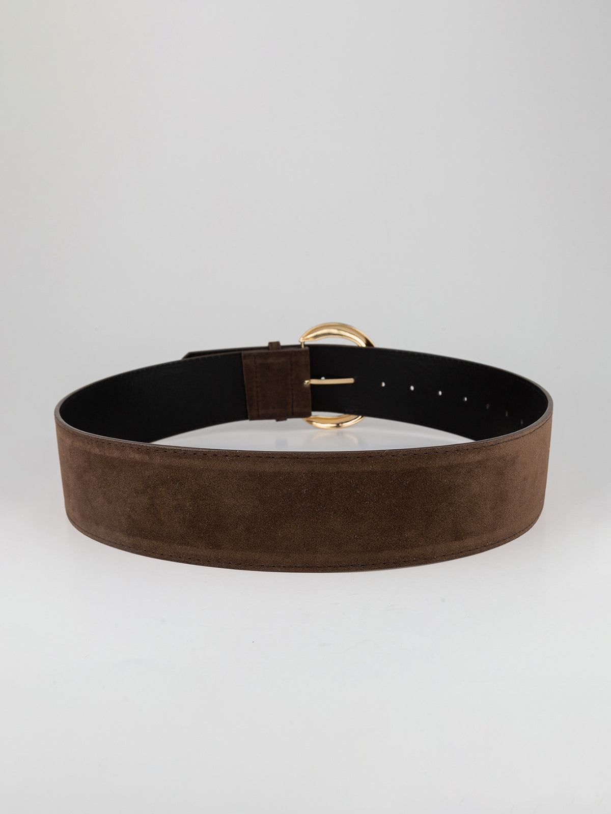 Wide suede belt with golden crescent moon buckle