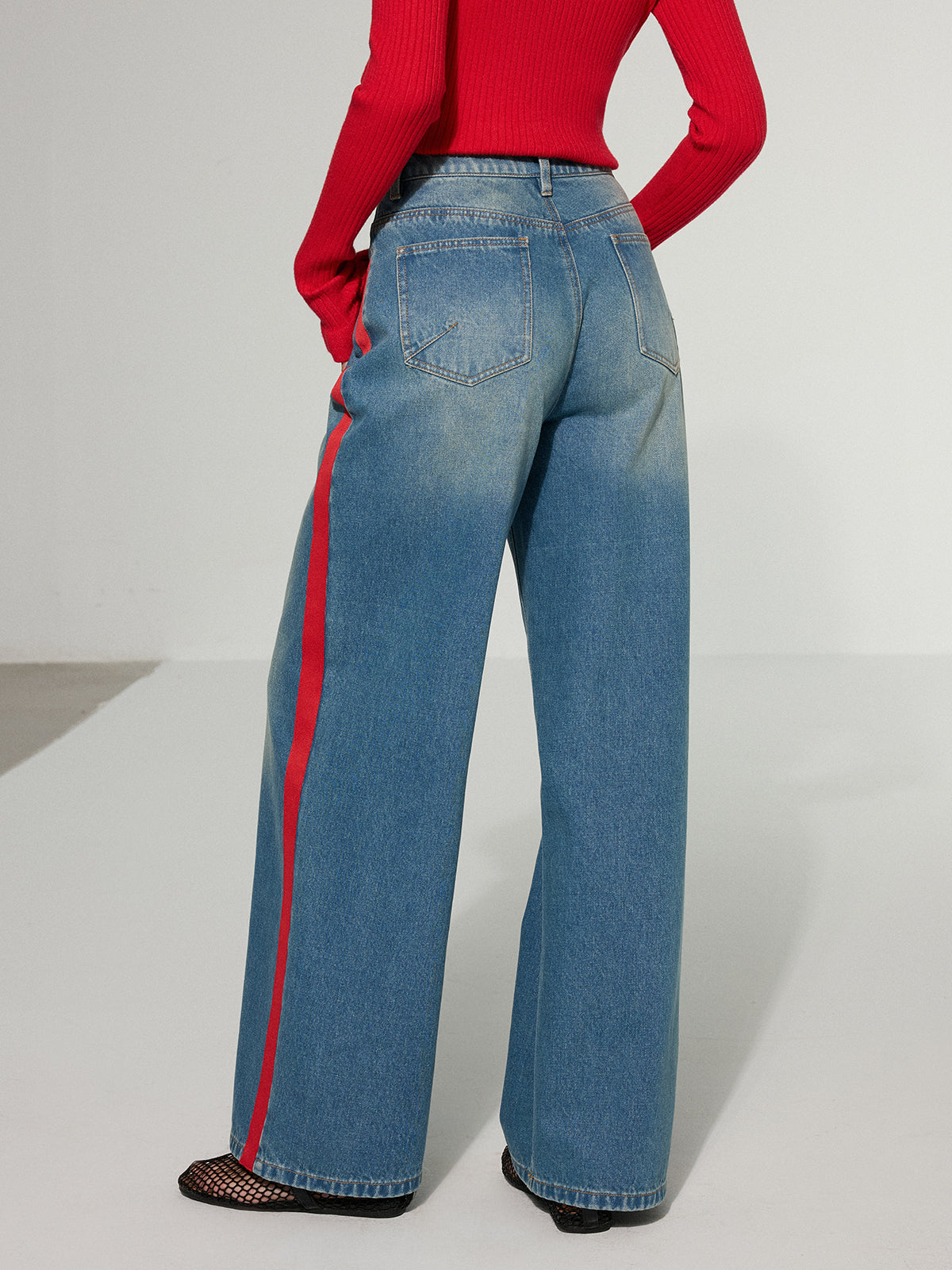 Kontrast-Seitengestreifte Wide-Leg-Jeans