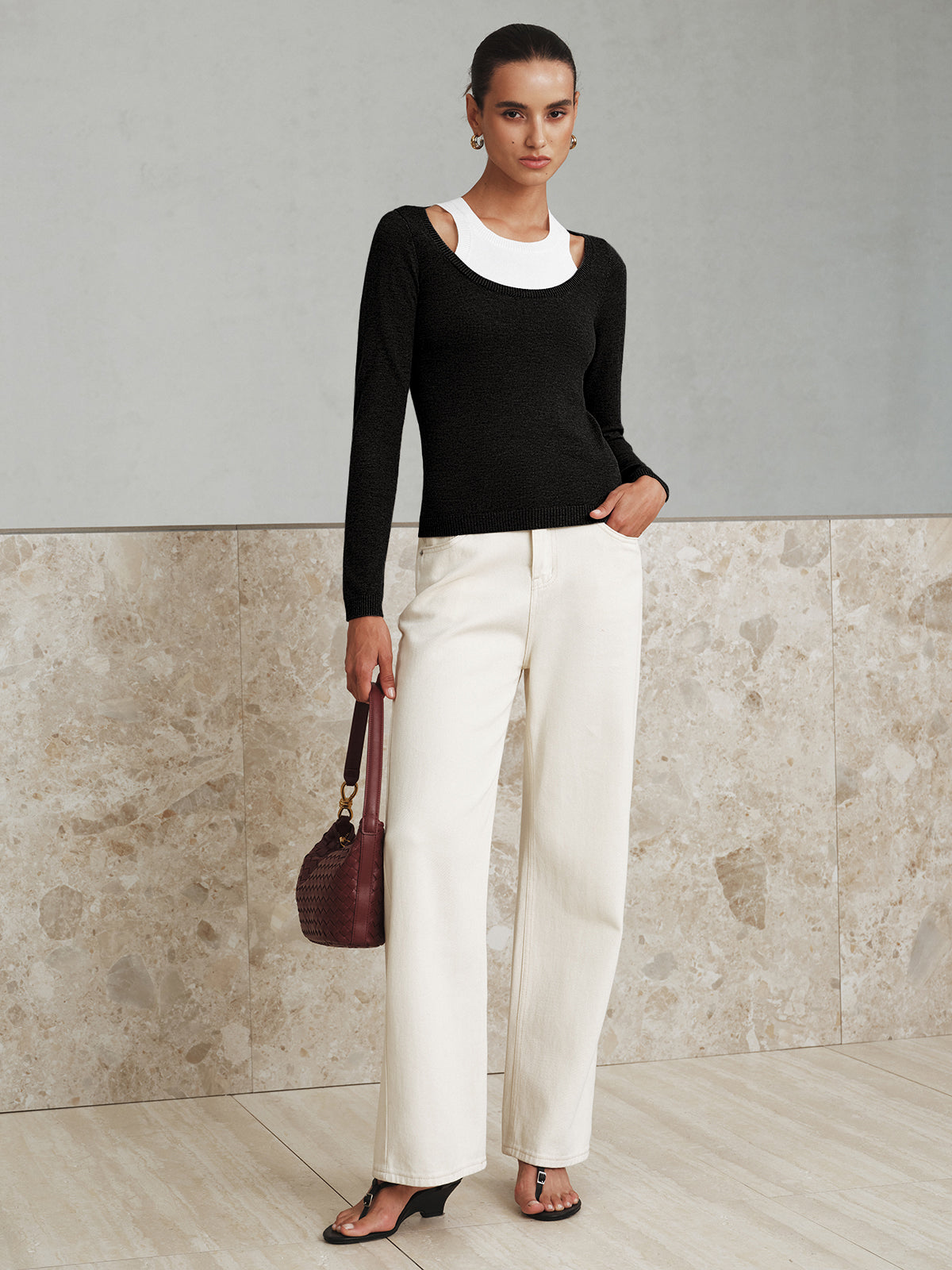 2-in-1 Stricktop aus Wollmischung mit Lagen-Optik und Cut-out