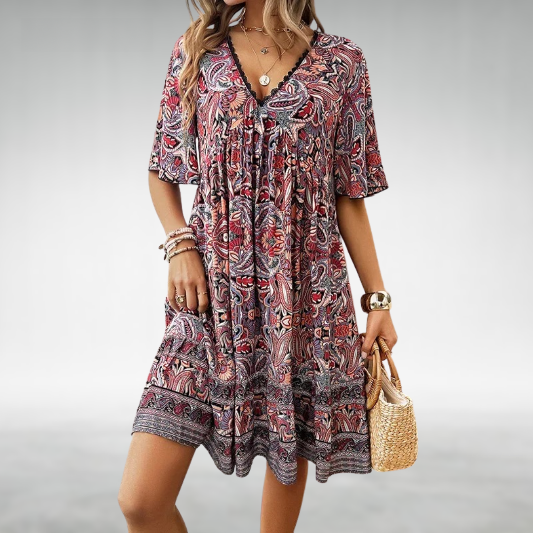 Adriana - Zomerse Boho Paisley Print Minijurk