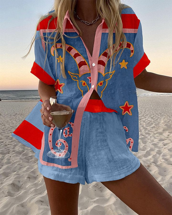 Jorelle | Kort linnen outfit met geitenpatroon