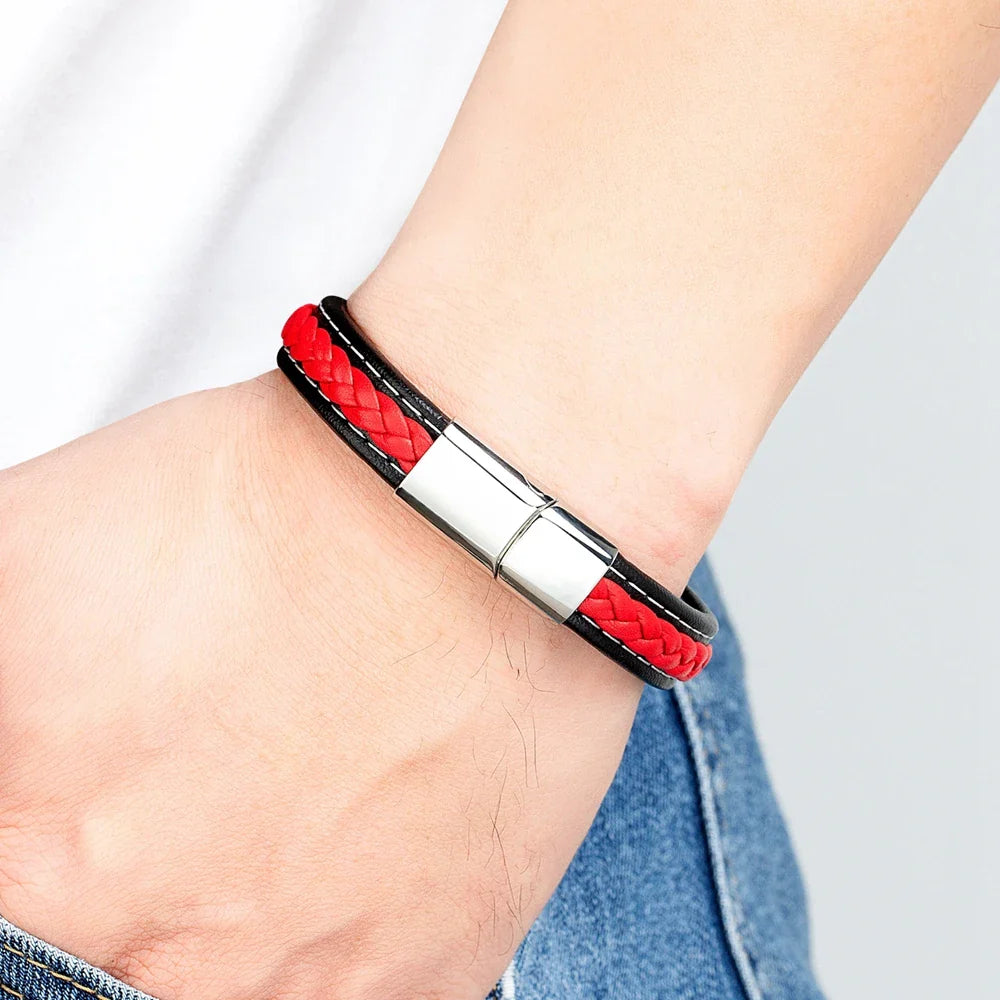 Valentia Zwart & Rood Gevlochten Leren Armband – Roestvrijstalen Bedel Juwelen Cadeau voor Mannen