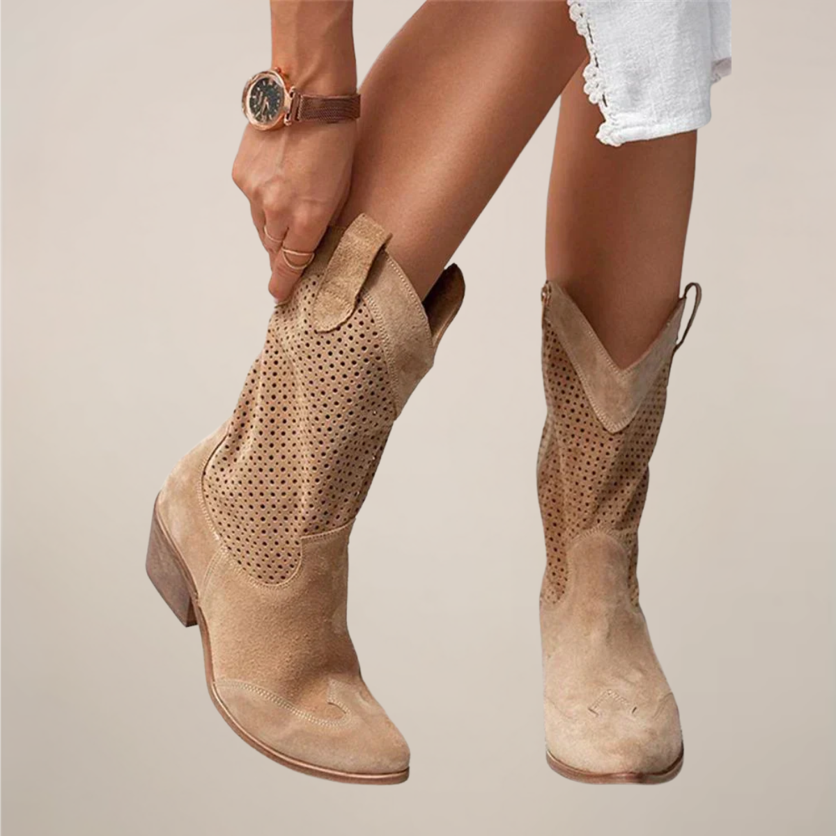 Damen-Westernstiefel mit Lochmuster – Wadenhoch