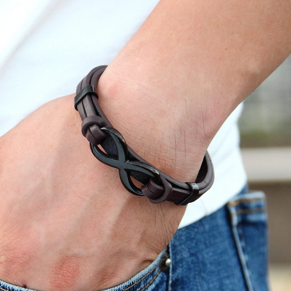 Infinity Luxe Roestvrijstalen Leren Armband met Oneindigheidssymbool – Elegante Herenarmband met Patroon