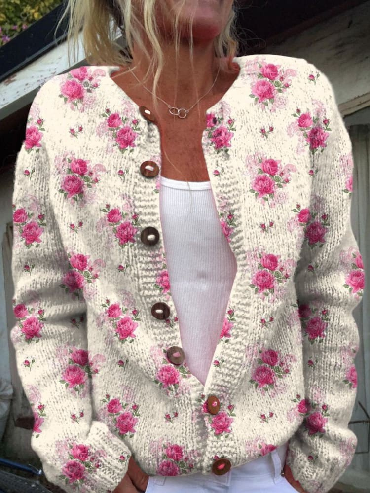 Aquarel Franse Roos Herhalend Patroon Bedrukte Button-Cardigan-Trui
