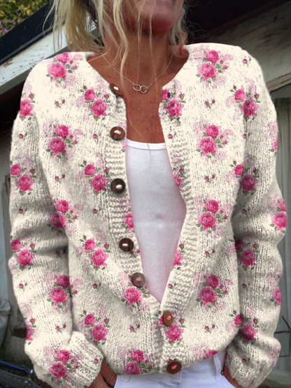 Aquarel Franse Roos Herhalend Patroon Bedrukte Button-Cardigan-Trui