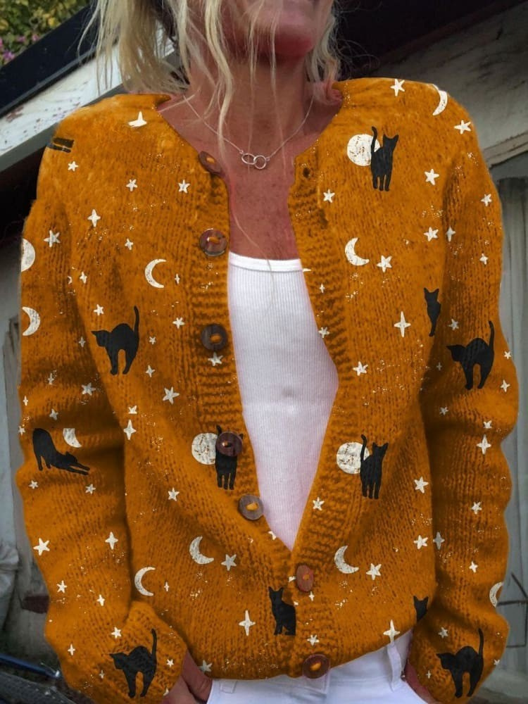 Halloween Zwarte Kat Kunstprint Knoop-Cardigan-Trui