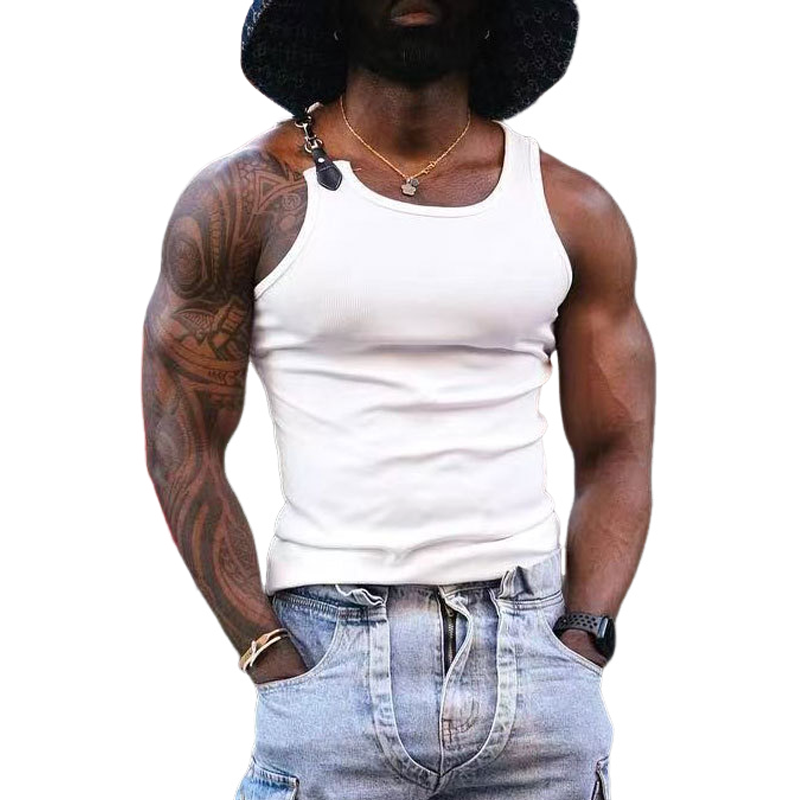 Men's Slim Fit Round Neck Leather Button Tank Tops MTA1187F4X