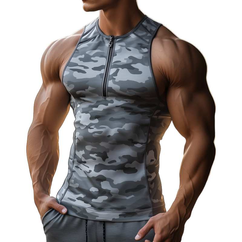 Men's Casual Quick-drying Camouflage Patchwork Zipper Collar Slim Sports Tank Top MTA1005F4M