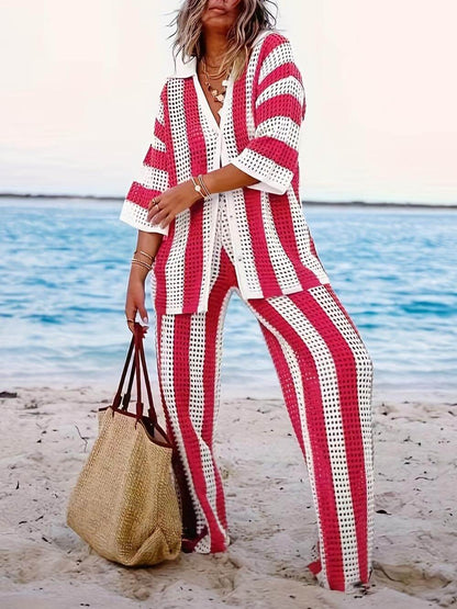 Rosea Trendy Tweedelige Set met Strepen: Overhemd en Broek