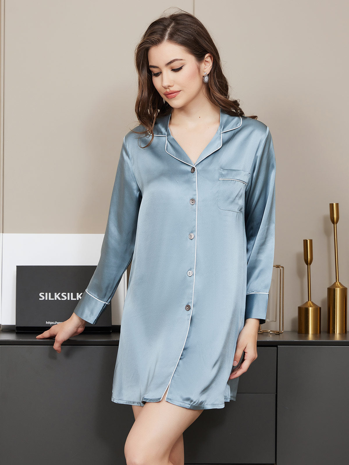 Pure Soie Classique Boutonnage  de Nuit Chemise