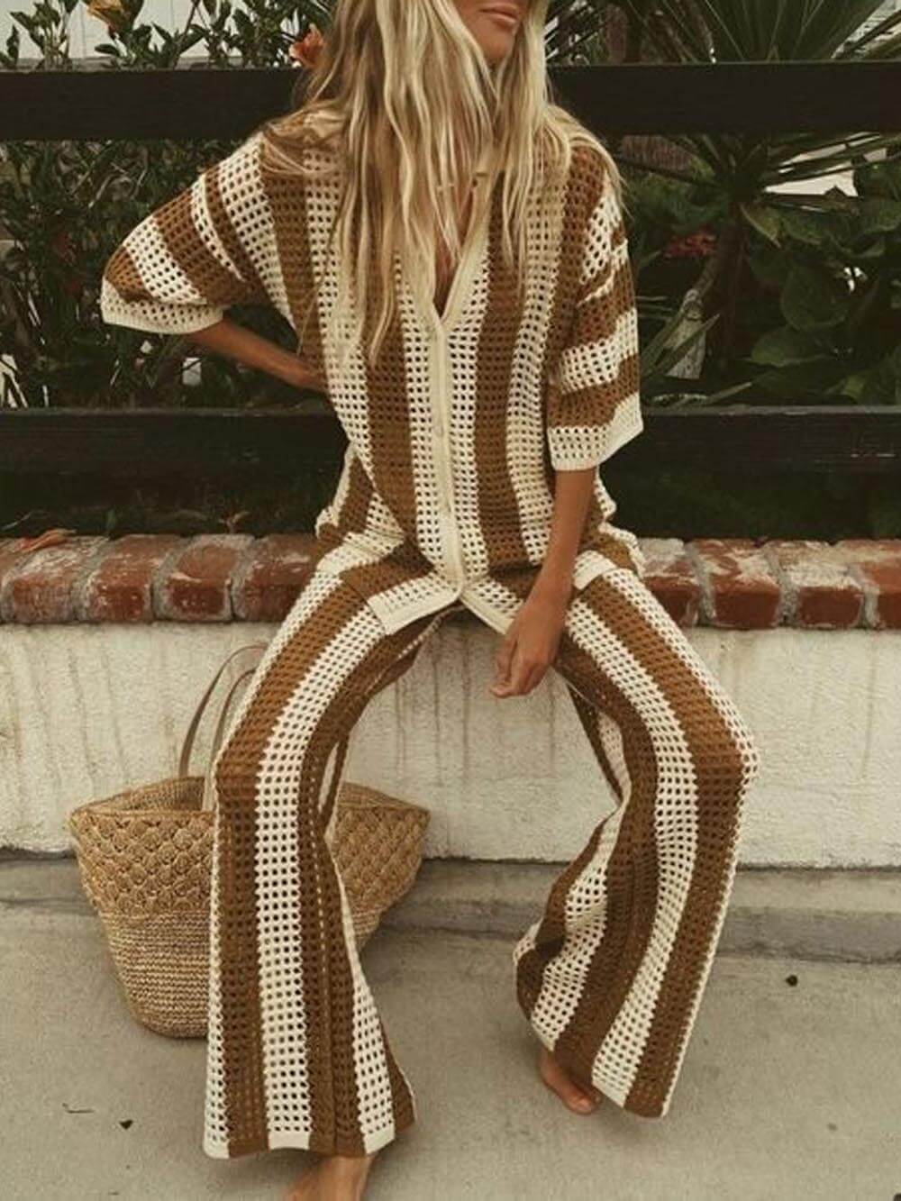 Rosea Trendy Tweedelige Set met Strepen: Overhemd en Broek