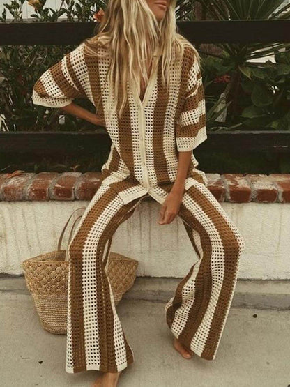 Rosea Trendy Tweedelige Set met Strepen: Overhemd en Broek