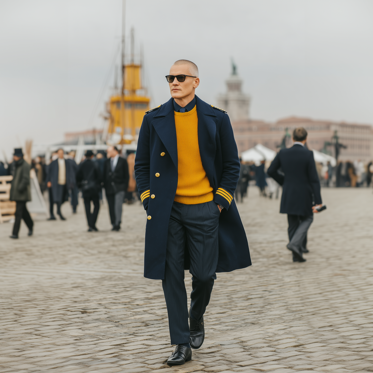 Herren Klassischer Retro Revers Marineblauer Woll Doppelreihiger Mantel mit Schulterklappen in Knielänge
