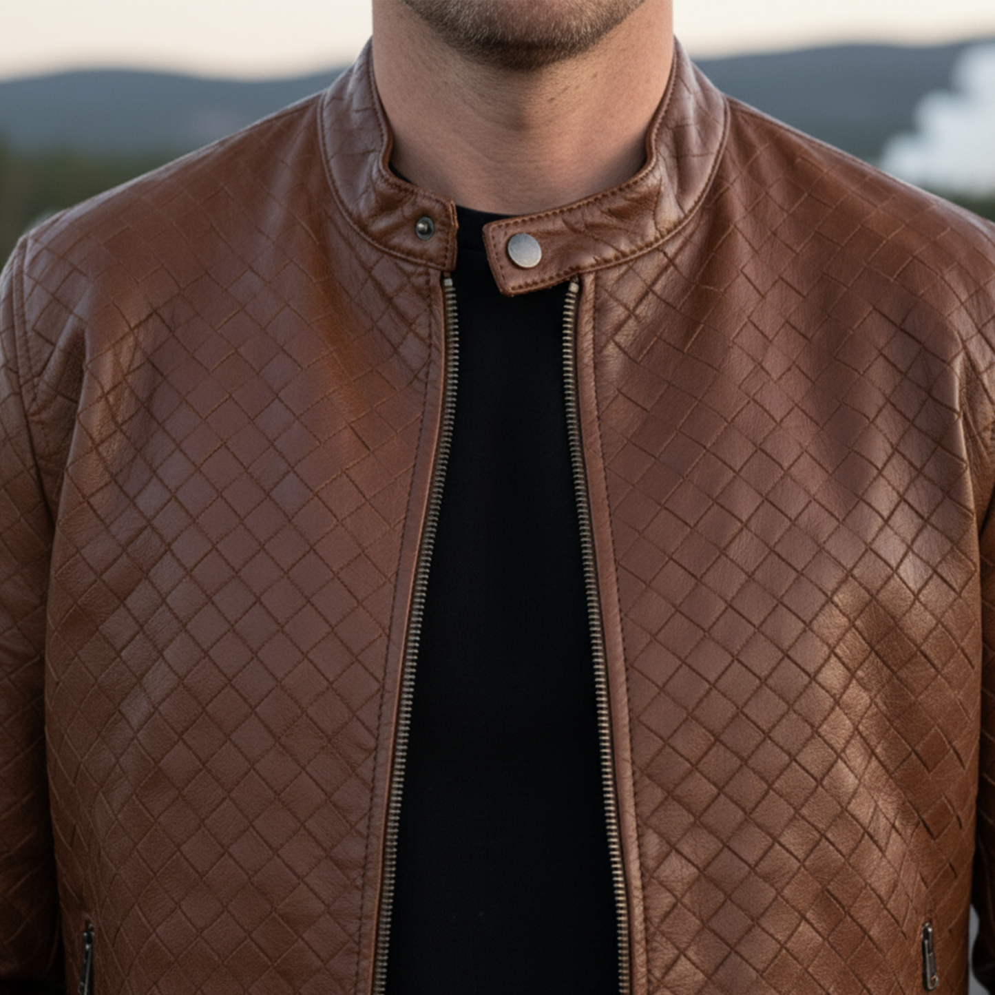Herren Klassische Retro Stehkragen Karomuster PU-Leder Jacke mit Reißverschluss