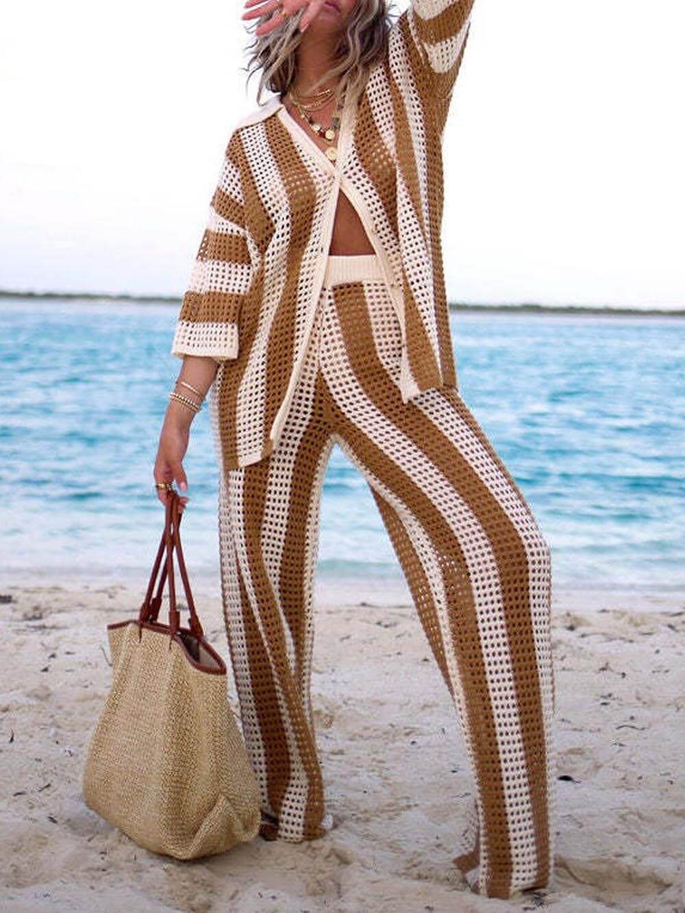 Rosea Trendy Tweedelige Set met Strepen: Overhemd en Broek