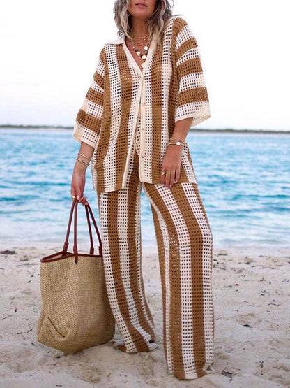 Rosea Trendy Tweedelige Set met Strepen: Overhemd en Broek