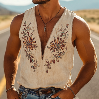 Heren Klassieke Western Cowboy Stijl Dunne Suede Tanktop met Borduurwerk en Diepe V-hals voor Lente en Zomer 00494118K
