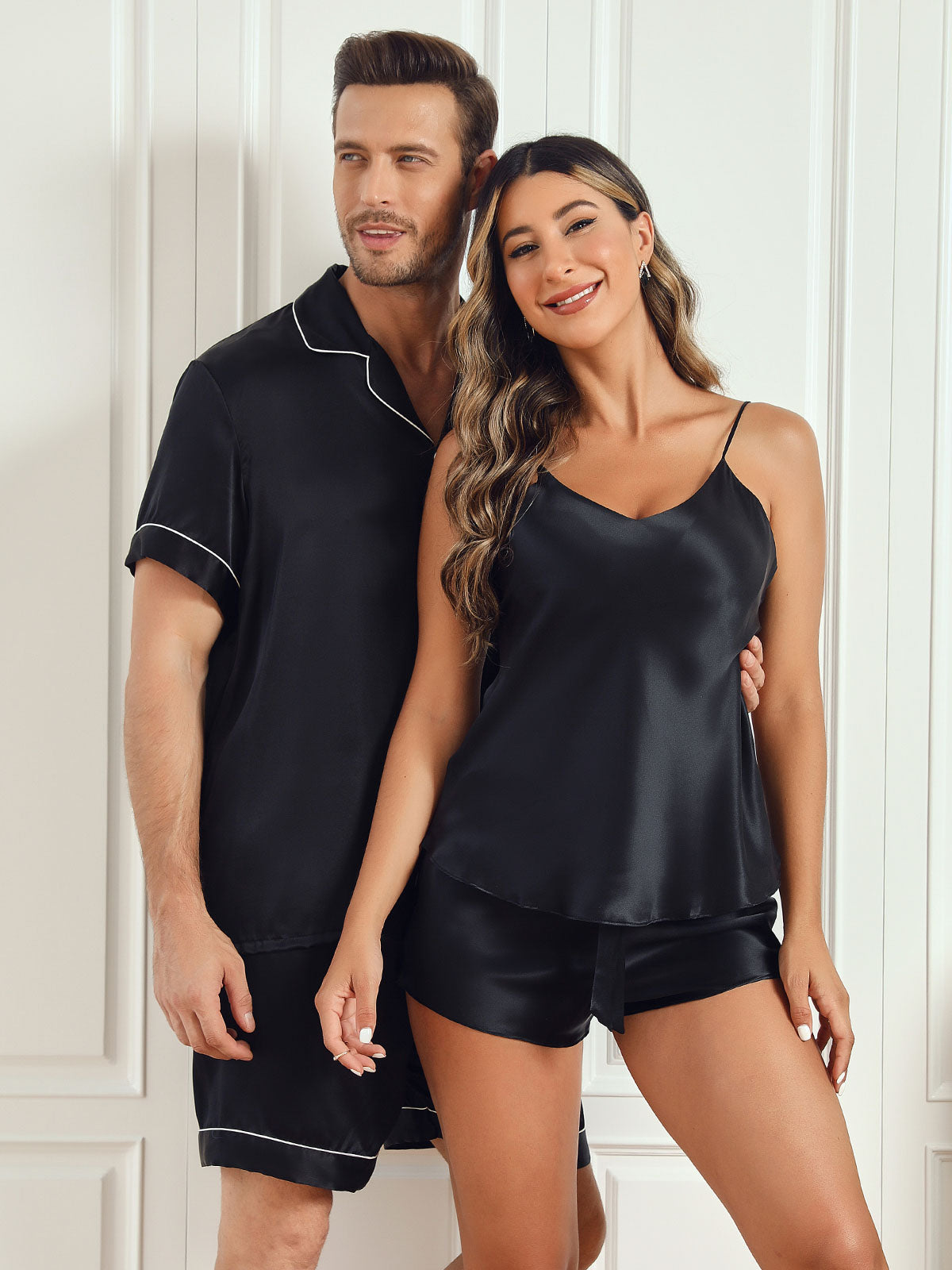 Ensembles de Pyjama Court en Soie Pure pour Couple Total 4Pcs