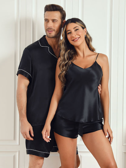 Ensembles de Pyjama Court en Soie Pure pour Couple Total 4Pcs