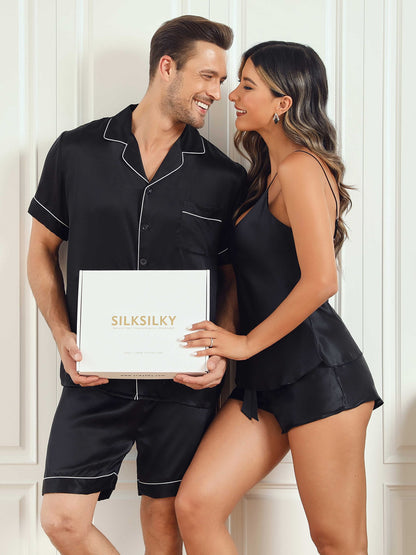 Ensembles de Pyjama Court en Soie Pure pour Couple Total 4Pcs