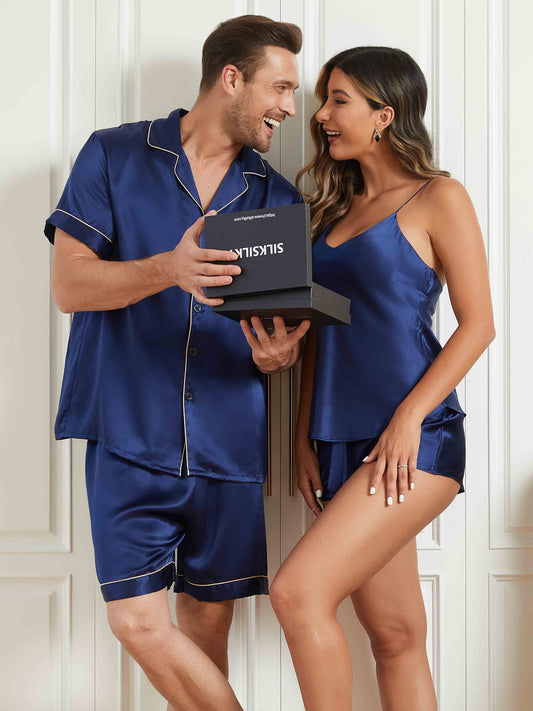 Ensembles de Pyjama Court en Soie Pure pour Couple Total 4Pcs