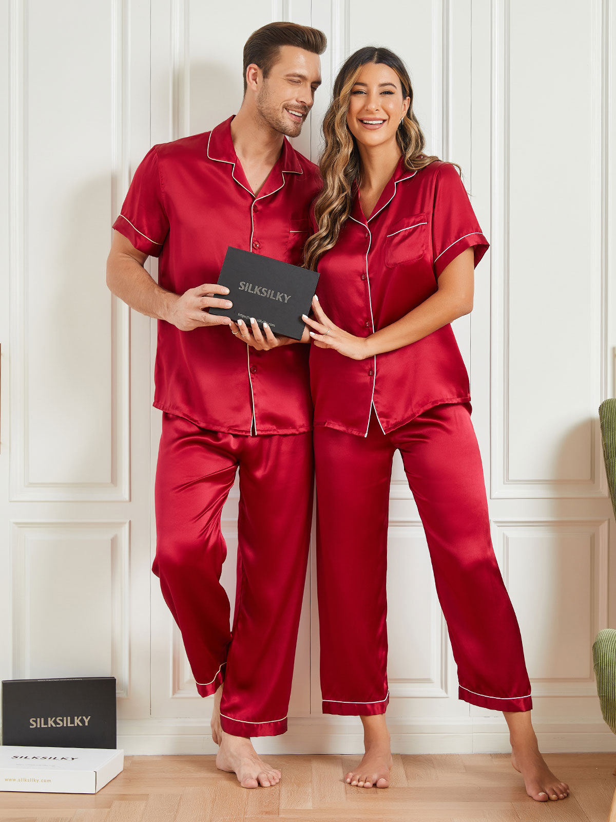 Ensembles de Pyjama de Couple à Manches Courtes en Soie Pure Total 4Pcs