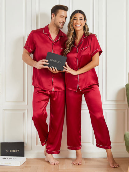 Ensembles de Pyjama de Couple à Manches Courtes en Soie Pure Total 4Pcs