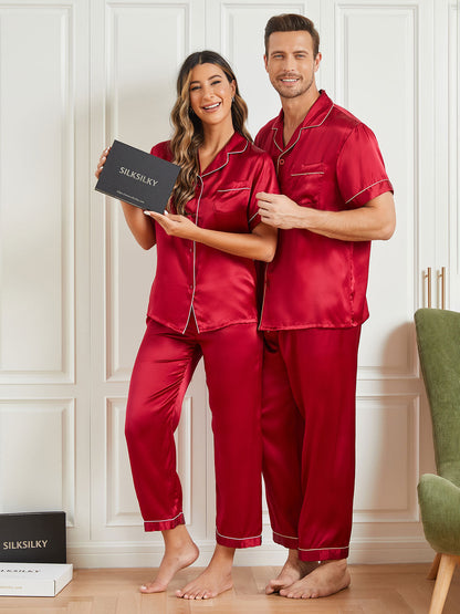 Ensembles de Pyjama de Couple à Manches Courtes en Soie Pure Total 4Pcs