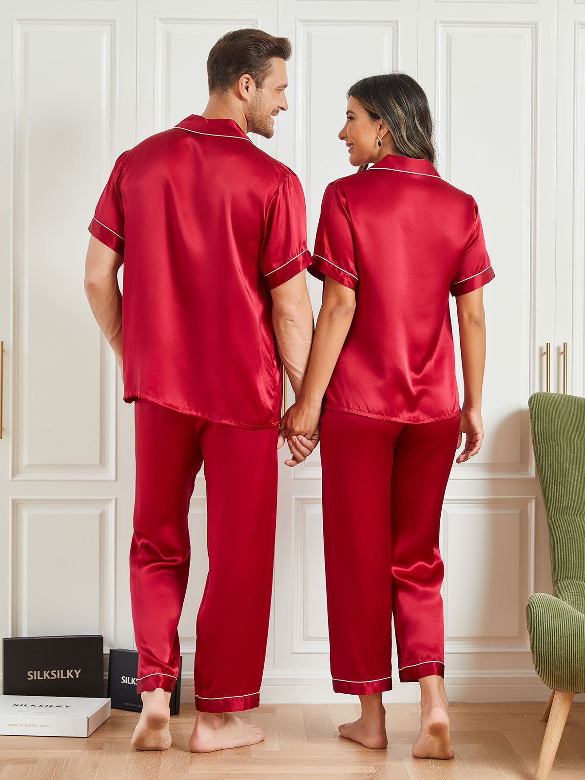 Ensembles de Pyjama de Couple à Manches Courtes en Soie Pure Total 4Pcs
