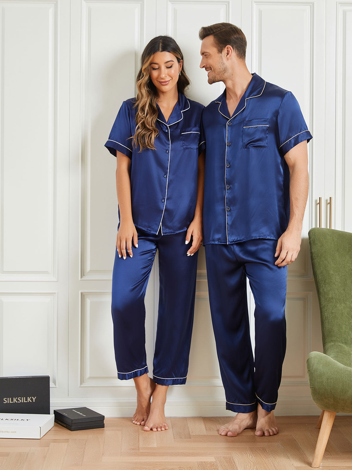 Ensembles de Pyjama de Couple à Manches Courtes en Soie Pure Total 4Pcs