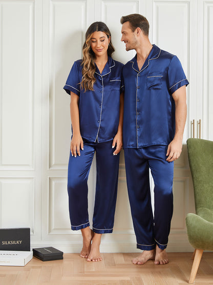 Ensembles de Pyjama de Couple à Manches Courtes en Soie Pure Total 4Pcs