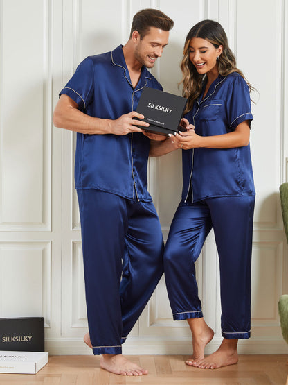 Ensembles de Pyjama de Couple à Manches Courtes en Soie Pure Total 4Pcs