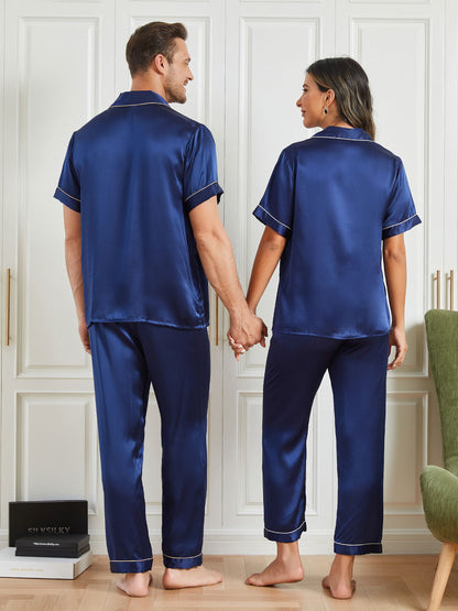Ensembles de Pyjama de Couple à Manches Courtes en Soie Pure Total 4Pcs