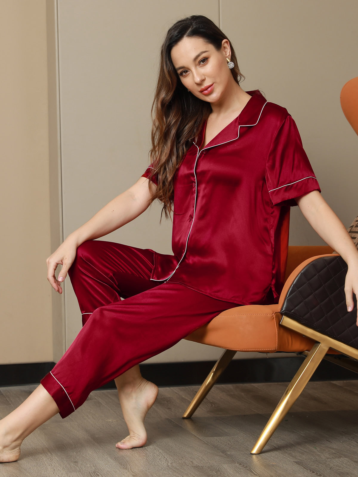 Ensemble de Pyjama en Pure Soie avec Passepoil 2Pcs